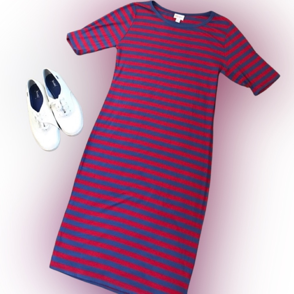 Softest Ever Red and Blue Striped Tshirt Casual Midi Dress